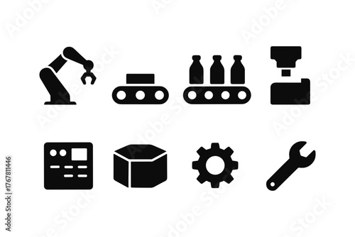 Industrial icons set with robotics, automation, and tools in minimalist silhouette style