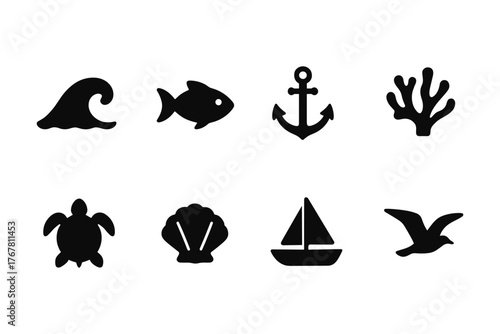 Marine silhouettes: nautical icons including fish, anchor, and sea life