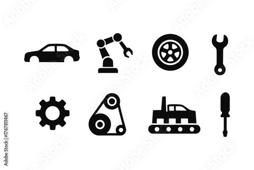 Automotive icons: car, robotics, tools, machinery in silhouette style