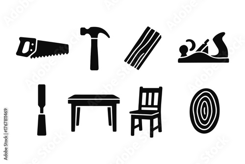Essential woodworking tools and furniture icons in black silhouette style