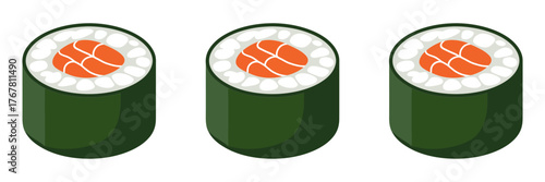 Japanese sushi rolls set, maki with salmon filling, seaweed wrapped pieces, food icons, vector illustration, isolated background