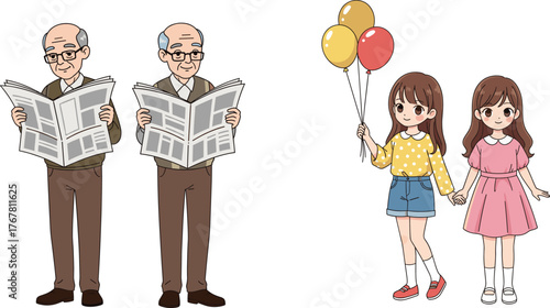 Cartoon elderly men reading newspapers and young girls with balloons, generational contrast, lifestyle activity, vector illustration, age diversity scene