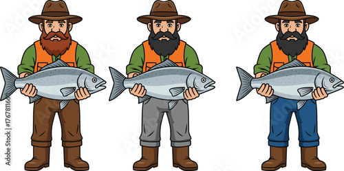 Cartoon fishermen holding fish in outdoor scene, character variations with beards and hats, fishing activity, vector illustration, nature lifestyle