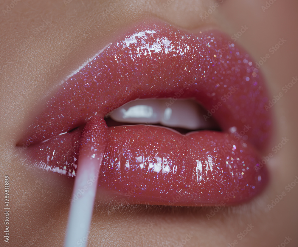 Obraz premium Applying lip gloss on lips with precision, showcasing close up view of glossy, shimmering lips. vibrant color and shine create alluring effect