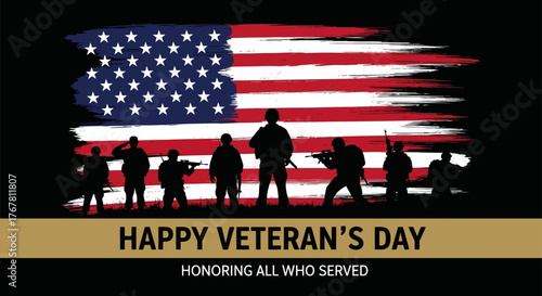 Happy Veteran's Day image with American flag and silhouette of soldiers.