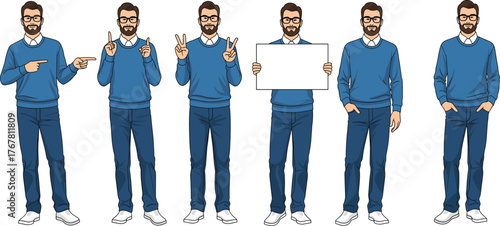 Cartoon man in blue sweater showing hand gestures and holding sign, expressive poses, casual outfit, vector character illustration set