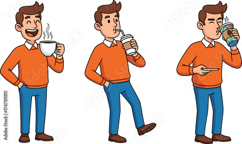 Cartoon man drinking coffee, soda, and juice in different poses, lifestyle habits, beverage choices, casual fashion, mobile activity scene