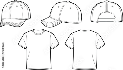 Baseball cap, t‑shirt sketch, technical drawing, front view, back view, side view, fashion illustration, garment construction, apparel design, textile mockup