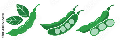 Pea plant collection with leaves, plump pods, sliced rounds, fresh legumes assortment, farmers market produce vector