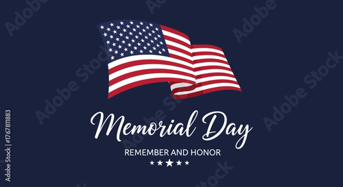 Memorial Day graphic with American flag and text on blue background.
