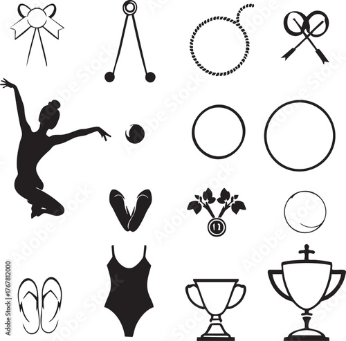 Rhythmic gymnastics icon set—black-and-white vector illustrations of equipment, attire, and symbols of performance and sport