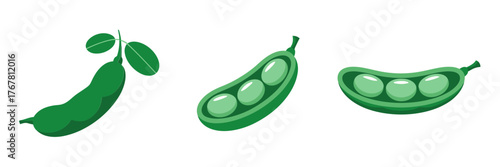 Soybean edamame pods set, whole and sliced, bright green seeds, nutritious protein snack, minimalist healthy food vector