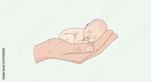 Illustration of a baby sleeping in a hand.