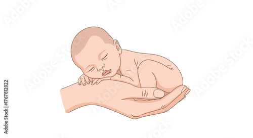 Baby sleeping in a hand, illustration on white background.