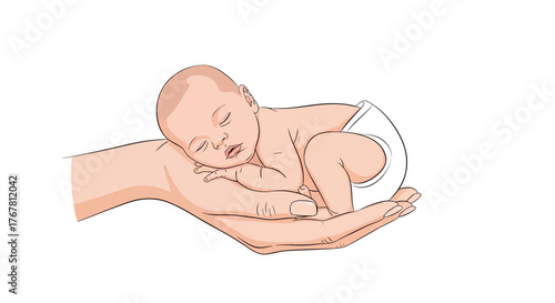 Illustration of a baby sleeping in the palm of a hand.