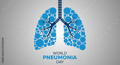 World Pneumonia Day illustration with lungs made of blue circles on a gray background.