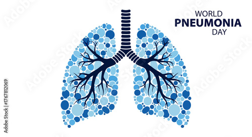 World Pneumonia Day illustration with lungs made of blue circles on a white background.