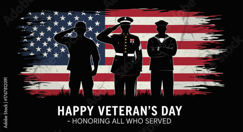 Veterans Day image with silhouettes of soldiers saluting in front of the American flag.