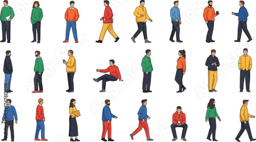 Diverse cartoon people in casual poses and outfits, vector grid showing everyday gestures, fashion, interaction, lifestyle, and human behavior
