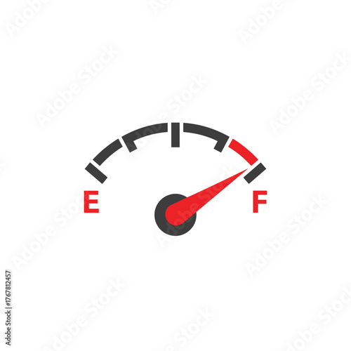 Fuel gauge icon indicating low fuel level with red needle  