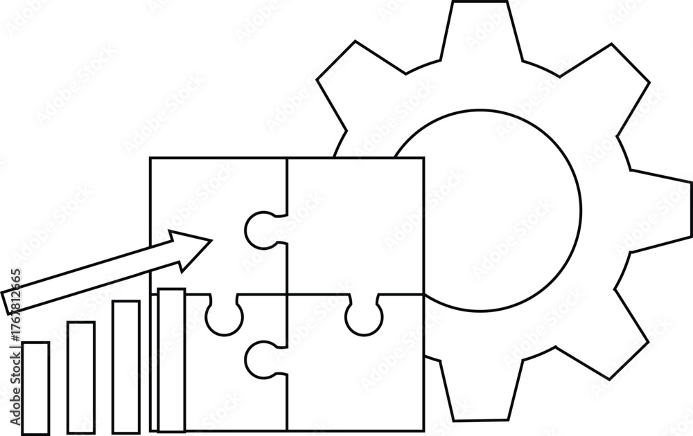 Obraz premium A cogwheel jigsaw puzzle pieces a rising bar graph and an arrow