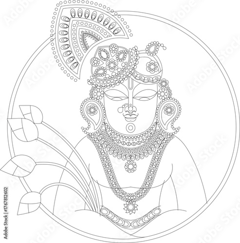 Shrinathji, Jagannath, or Lord Krishna with cows, in Indian folk painting Pichwai style	
