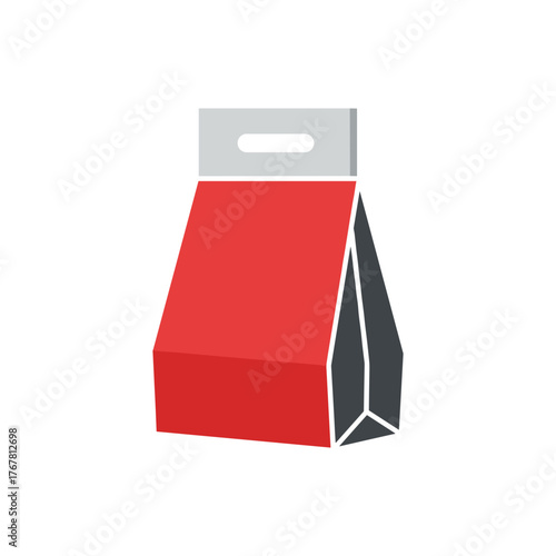 Red takeaway food container with handle in flat design  