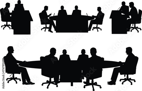 Business silhouettes, office teamwork, professional meeting, workplace communication, corporate discussion, career collaboration, vector sketch, presentation concept, dialogue design, formal debate