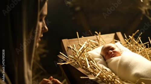 Woman Mary praying in Bethlehem stable to Jesus infant after his birth as saviour for Christianity, footage.