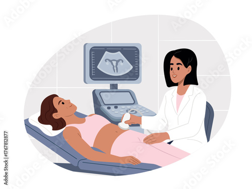 Patient in an ultrasound room is talking to a doctor. Gynecologist consultation. Concept for women s healthcare and medical consultation.