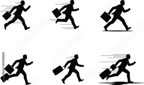 Business silhouettes, running figures, office rush, professional urgency, corporate stress, workplace motion, career concept, vector sketch, dynamic design, deadline theme