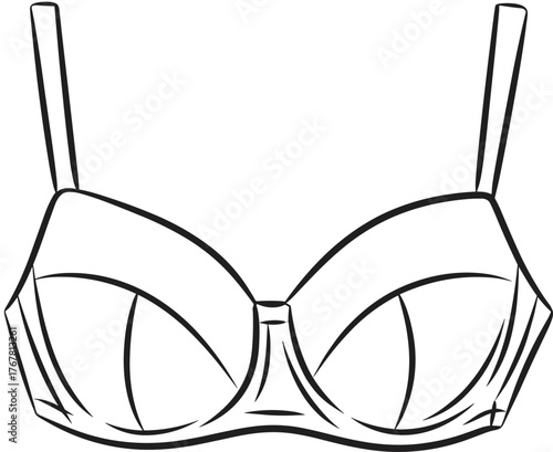 Technical Flat Sketch of Structured Bra – Front View – Adjustable Straps, Seam Details, Underwire Style – Lingerie Design Vector Illustration