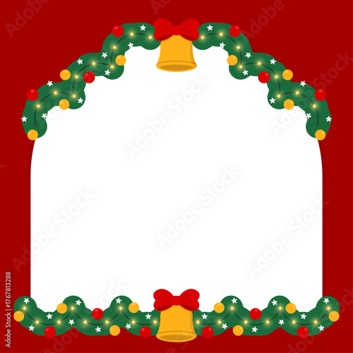 Elegant Christmas border with a curved and straight. Features a bell with a bow, decorated with yellow and red ornaments, lights, and white stars for a festive holiday frame.