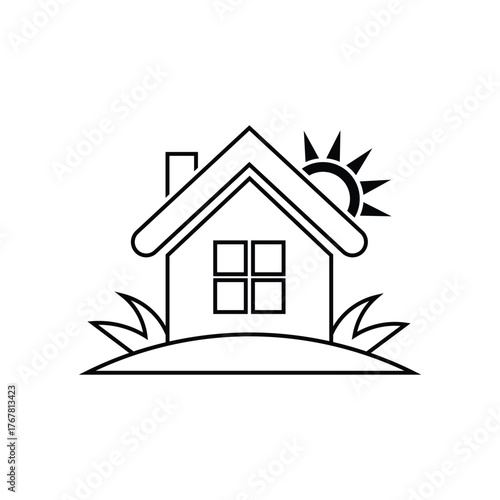 black outline vector of house on hill with sun and grass