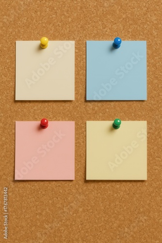 Colorful sticky notes attached to a corkboard for writing information.