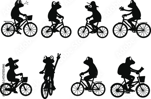 Frog silhouettes, riding bicycles, cartoon sketch, whimsical illustration, animal cycling, playful design, creative concept, humorous art, vector drawing, fantasy theme