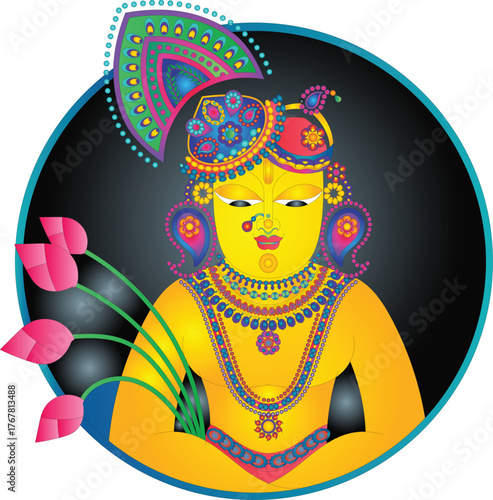 Shrinathji, Jagannath, or Lord Krishna with cows, in Indian folk painting Pichwai style	
