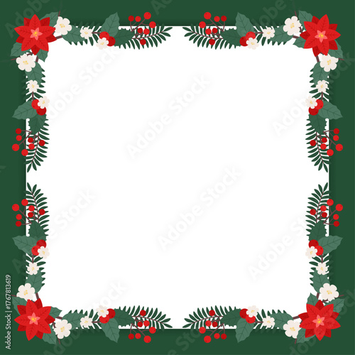 Christmas floral frame with poinsettia flowers, holly leaves, and berries. perfect for invitations, posters, cards, quotes, and festive digital artwork.