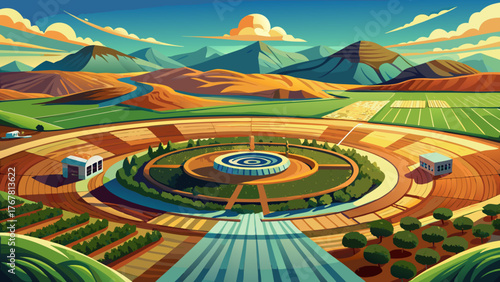 Very beautiful 4K aerial panorama of crop circles in Colorado, USA, showcasing geometric agricultural patterns across vast farmlands under bright sunlight, with clear skies and rural landscape views.