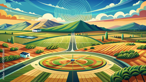 Very beautiful 4K aerial panorama of crop circles in Colorado, USA, showcasing geometric agricultural patterns across vast farmlands under bright sunlight, with clear skies and rural landscape views.
