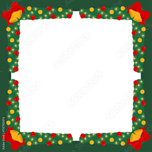Christmas frame with red bow and golden bell corners, decorated with green wreath garland, glowing lights, and red-yellow ornaments. perfect for greeting cards and festive designs.