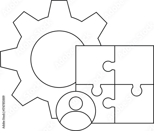The image shows a gear person icon and four puzzle pieces All elements are represented as line drawings