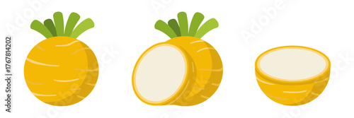 Golden turnip icons, round root with greens, whole and cut halves, rustic farm vegetable, garden harvest vector