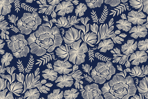 Vintage floral ethnic tapestry modern embroidery texture boho design vector illustration hand drawn silhouette indigo blue flower motif branches leaves wallpaper seamless background border.