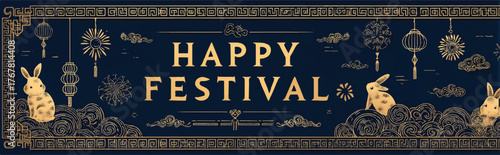 Elegant Happy Festival Banner with Golden Rabbits Lanterns and Clouds against a Dark Blue Background Ideal for Mid Autumn Festival Celebrations