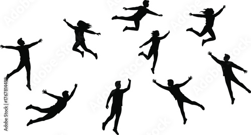 Human silhouettes, jumping figures, airborne poses, dynamic movement, body outline, shadow art, group design, gesture sketch, creative concept, fashion reference