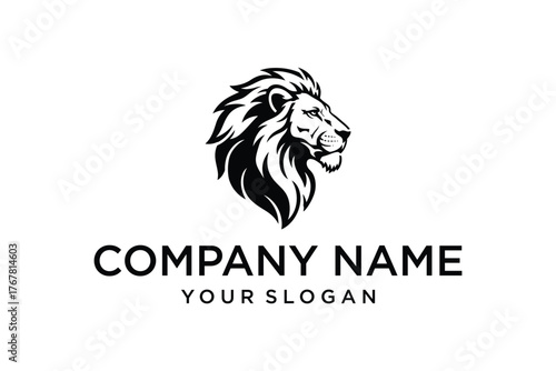 Stylized black and white lion head logo design, powerful animal symbol for business branding and corporate identity
