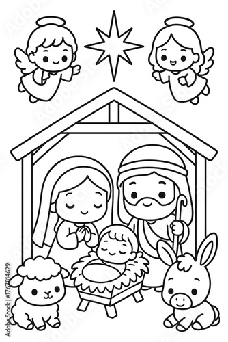 Cute Nativity Scene Coloring Page with Baby Jesus, Mary, Joseph, Angels, and Animals