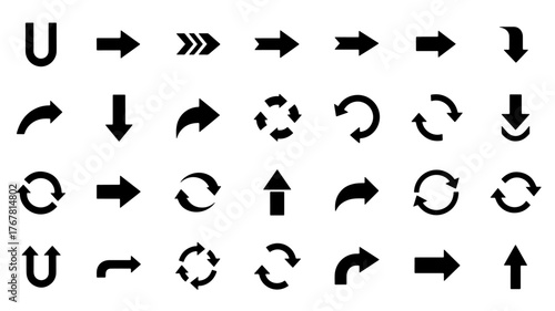 A collection of thirty black arrow icons in various styles and directions on a white background.