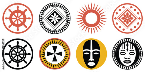 Ethnic Tribal Mask Circle Vector Icons, Cultural Symbol Wheel Designs, Decorative Traditional Art, African and World Folk Style Illustration, Seamless Icon Set for Design